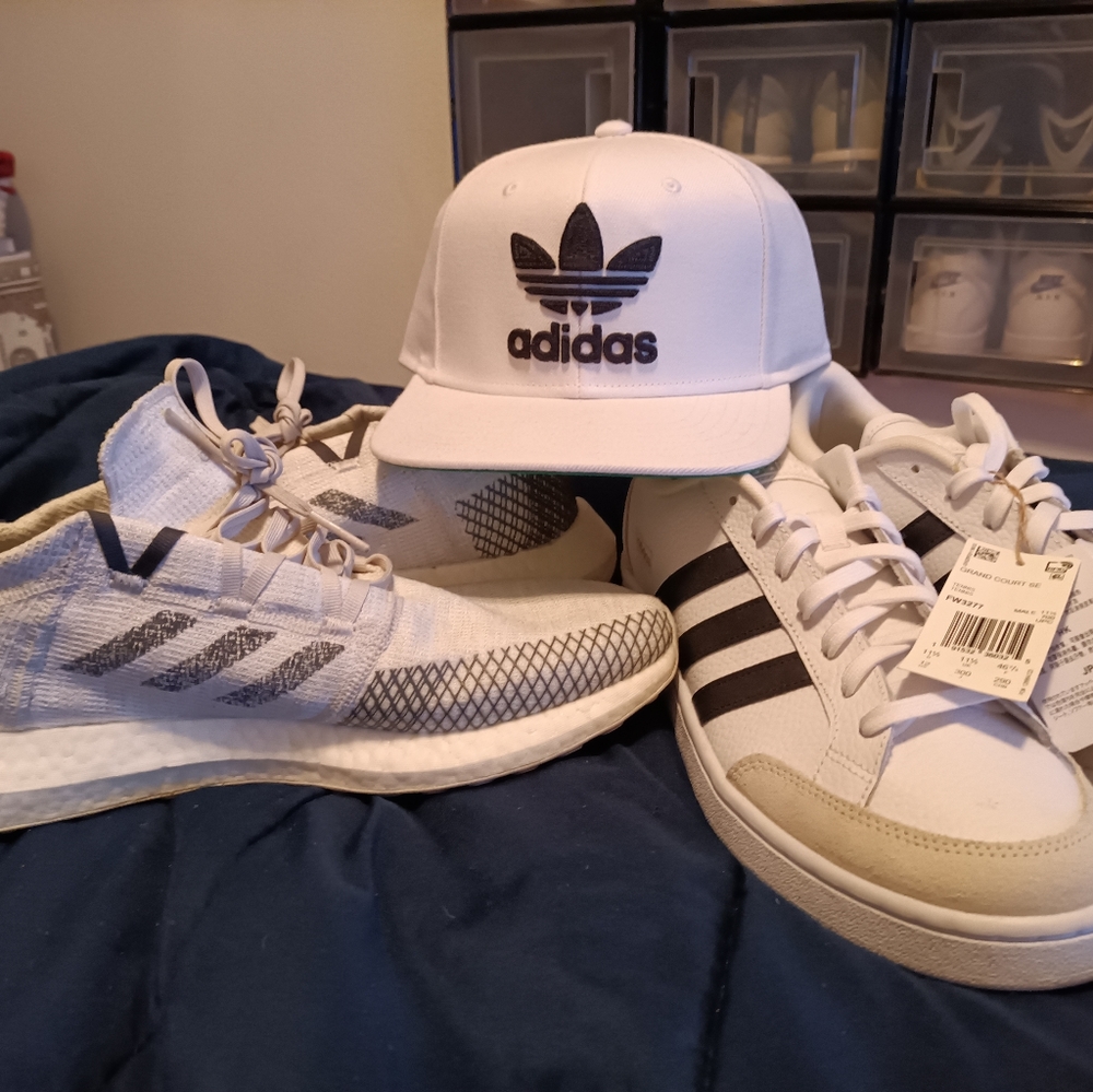 Adidas Grand Court SE (NWOT) + gently used Boosts and Snapback. Both sz. 11.5